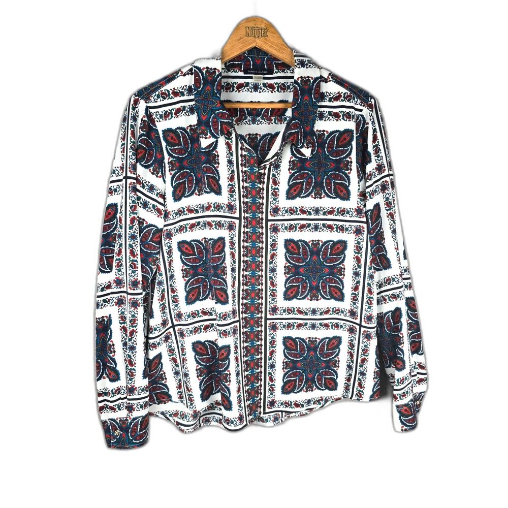 Tommy Hilfiger Button Up Blouse XL Multicolor Paisley Scarf Print Logo Buttons